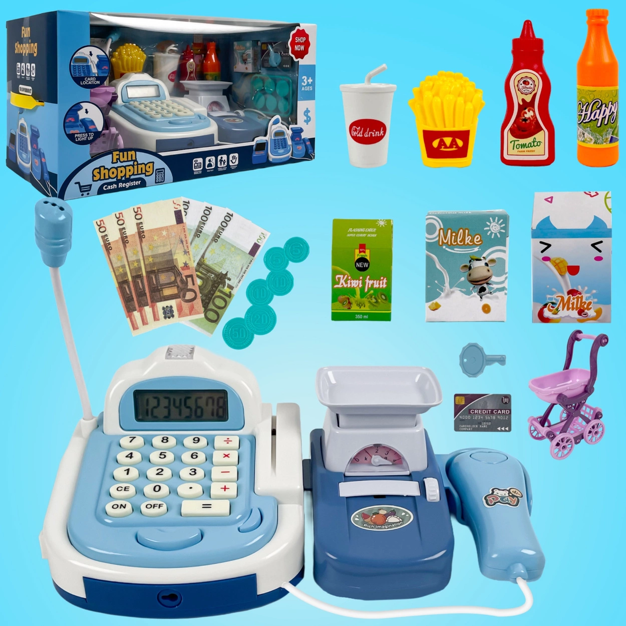 Sklepowa Kasa Fiskalna dla Dzieci Interaktywna z Dźwiękiem Skaner Koszyk