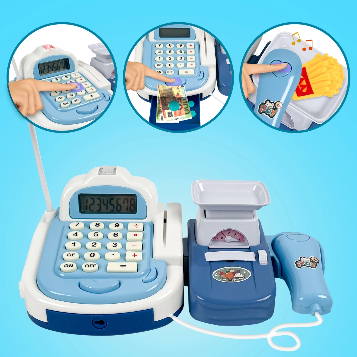 Sklepowa Kasa Fiskalna dla Dzieci Interaktywna z Dźwiękiem Skaner Koszyk