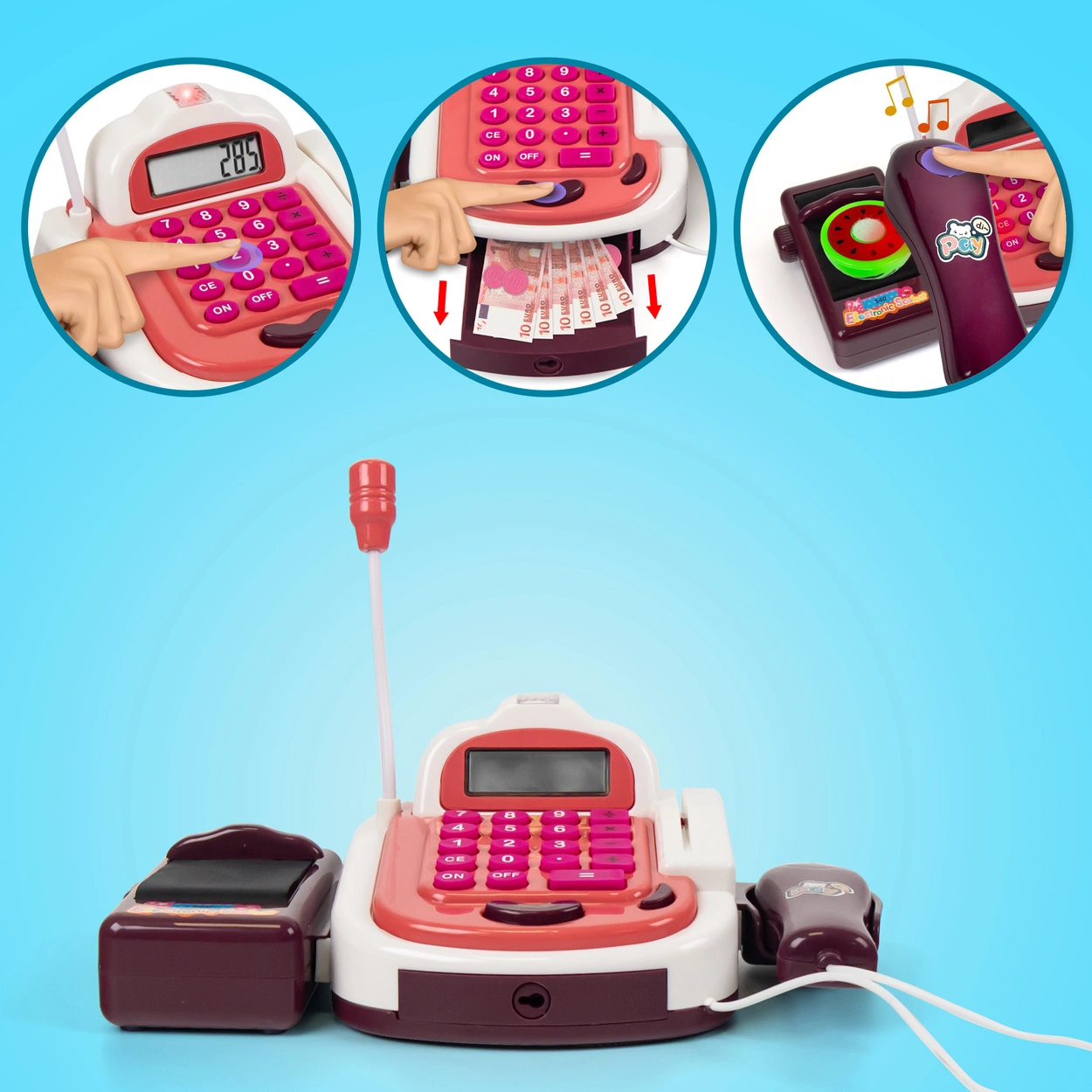 Kasa Fiskalna dla Dzieci z Dźwiękiem Czytnik Kodów Monety Mikrofon Sklepowa