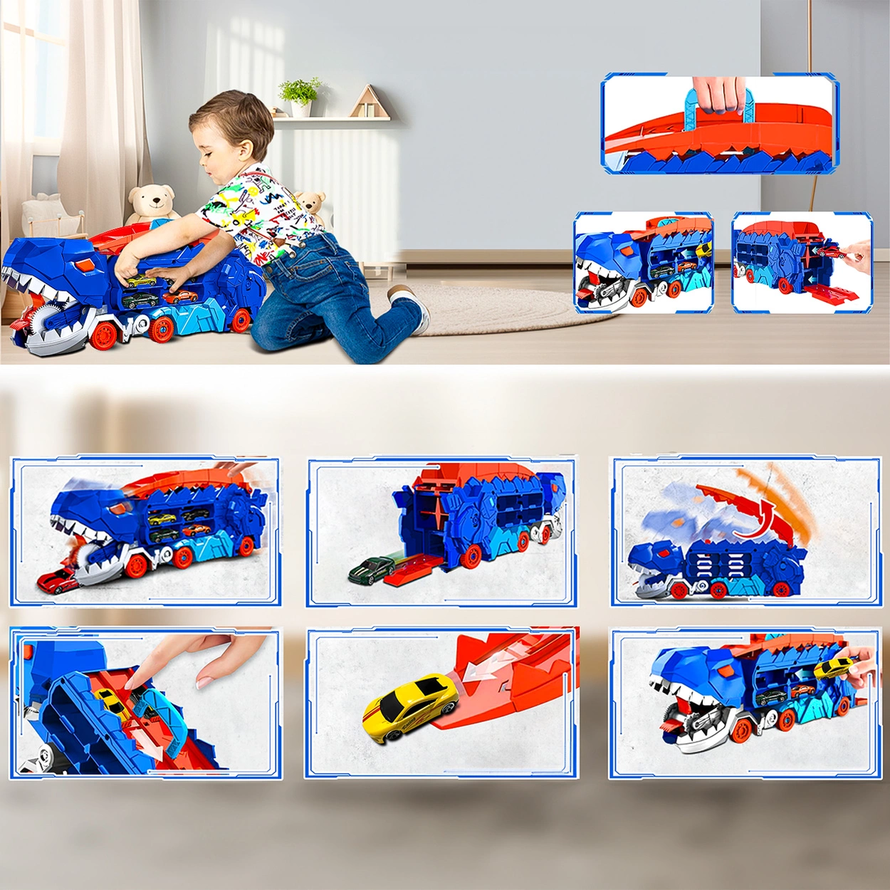 Mega Dinozaur Transporter T-Rex 3w1 Tor Wyścigowy + 2 Resoraki