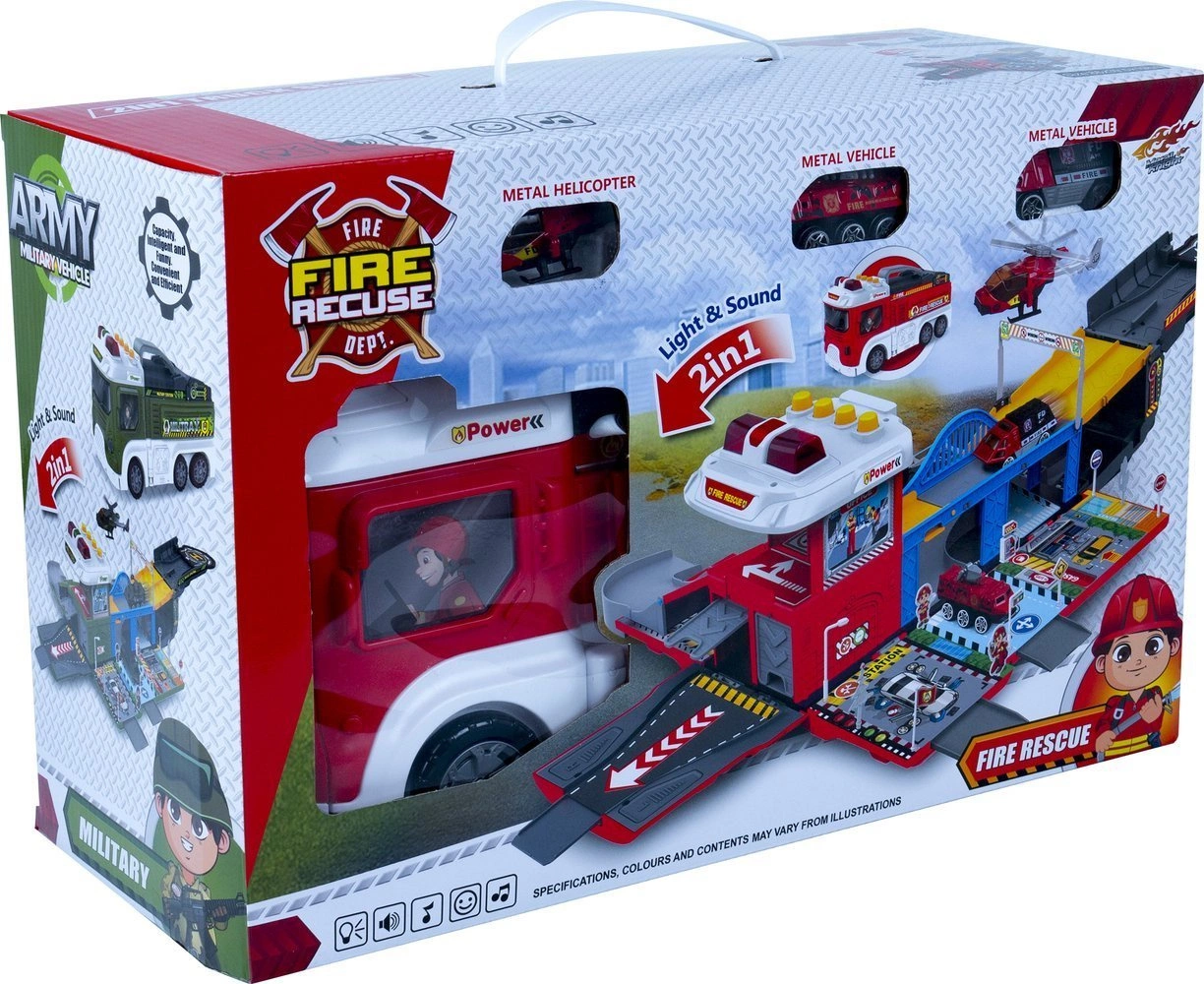 GARAŻ RESORAKI DLA DZIECI WÓZ STRAŻACKI REMIZA 2w1