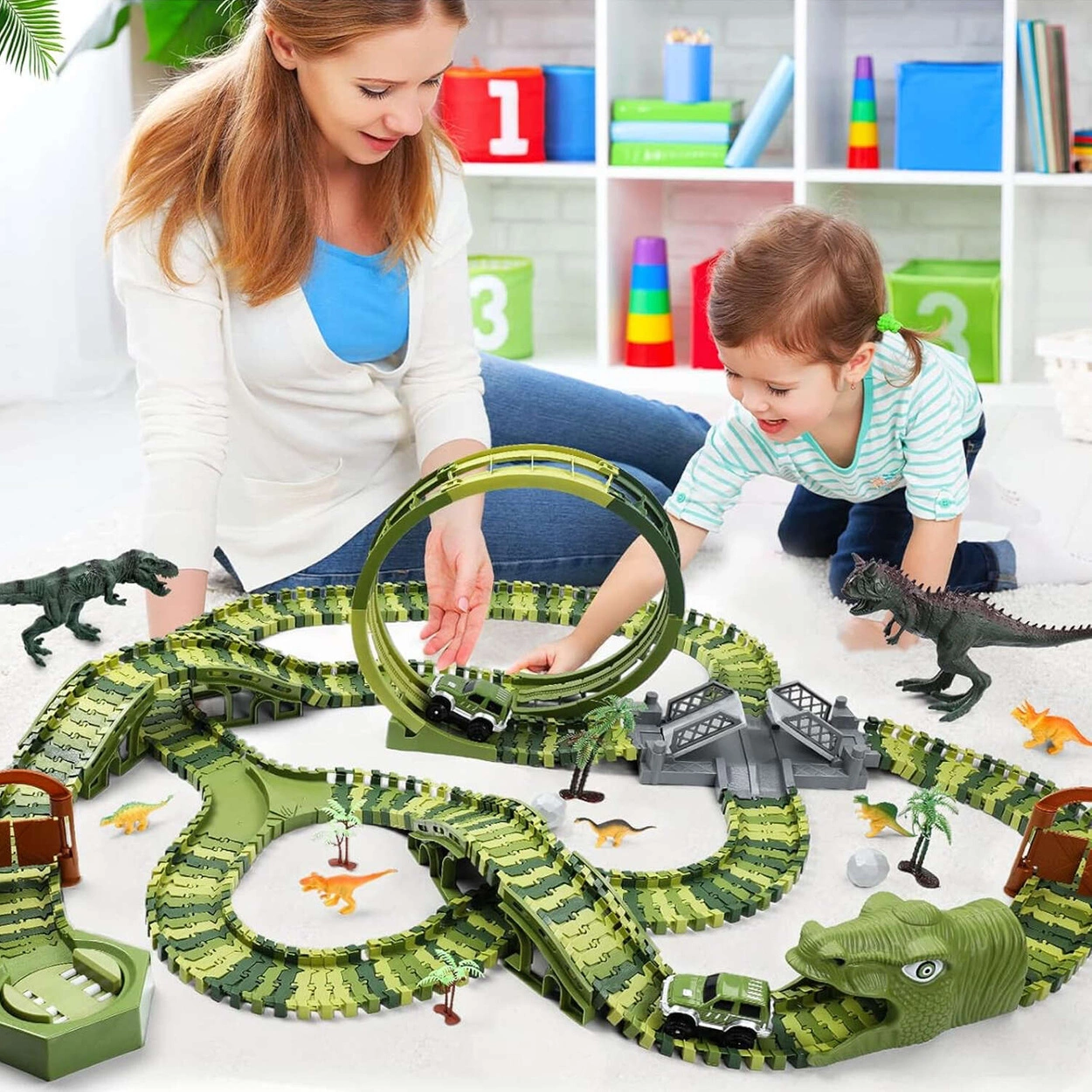Tor Wyścigowy Mega City Dino Park Zestaw z Autkiem i Tory Dinozaurów T Rex 324 Elementów