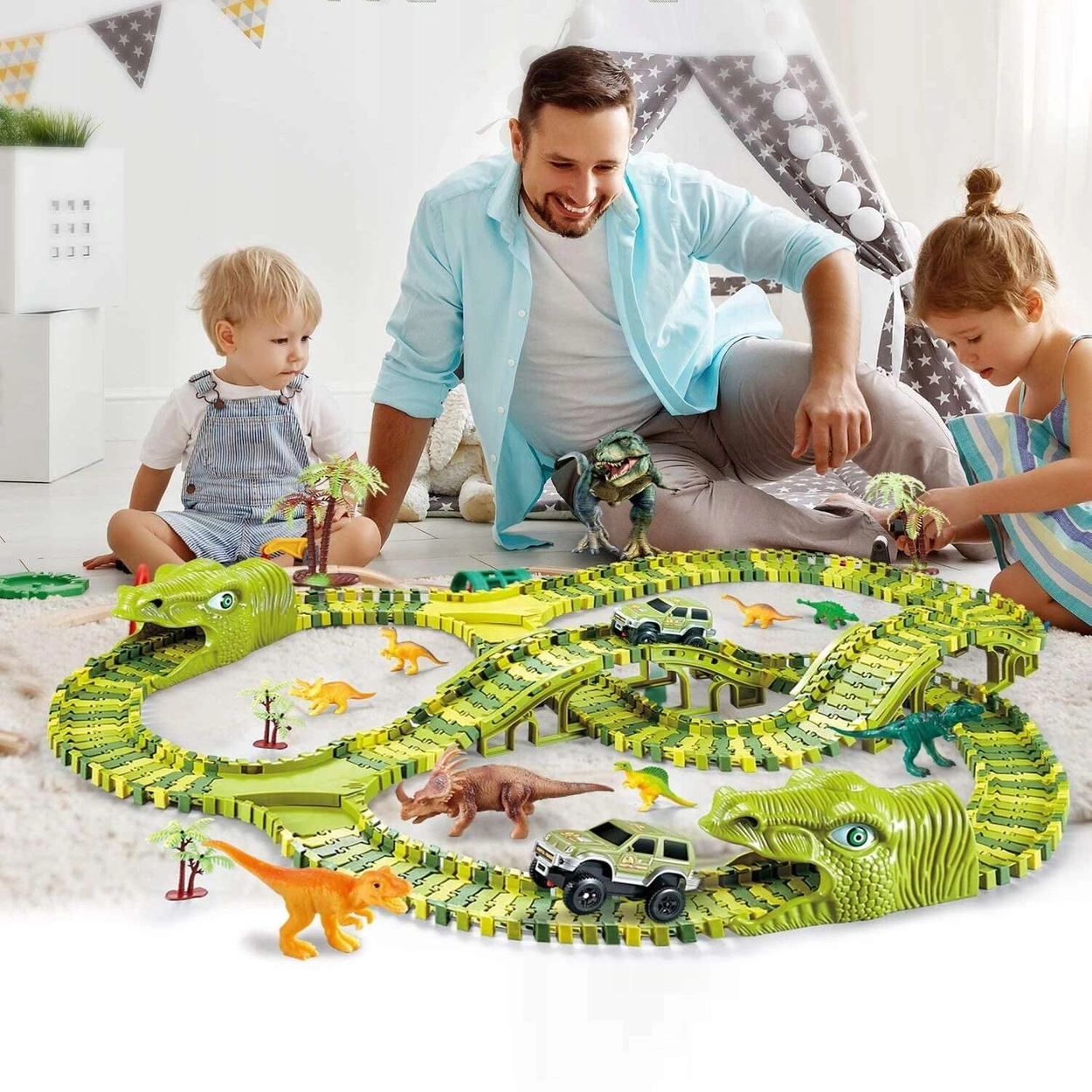 Tor Wyścigowy Mega City Dino Park Zestaw z Autkiem i Tory Dinozaurów T Rex 200 Elementów