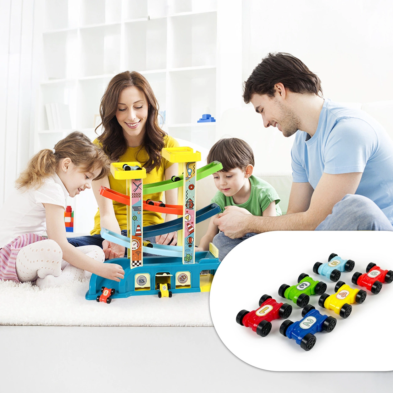 Tor Samochodowy Zjeżdżalnia Montessori 4 Piętra 6 Autek Garaż