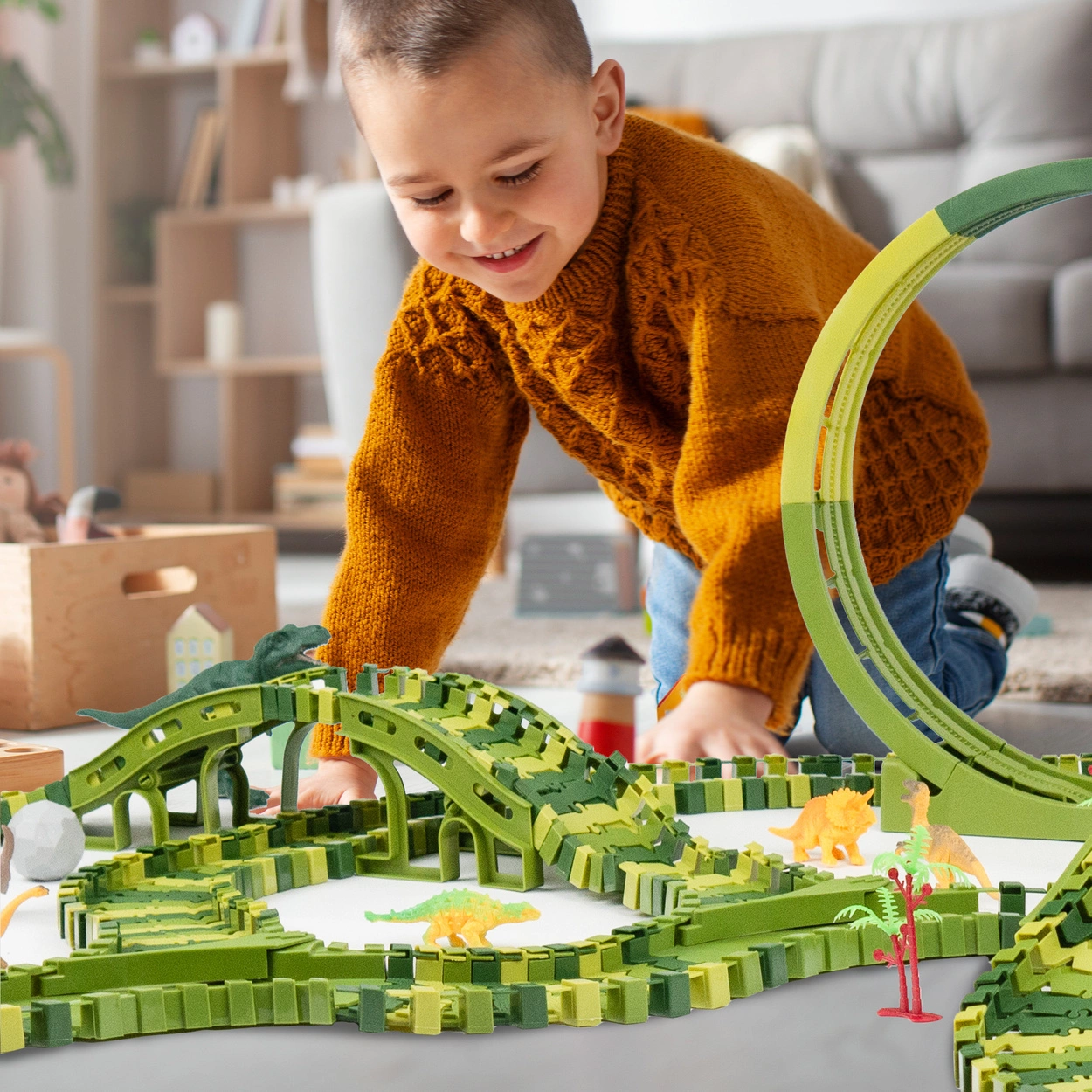 Tor Wyścigowy Mega City Dino Park Zestaw z Autkiem i Tory Dinozaurów T Rex 260 Elementów