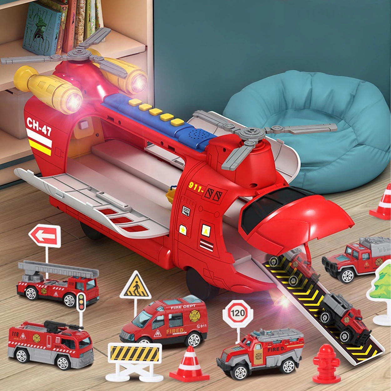 Helikopter Strażacki Transporter Miejski z Metalowymi Resorakami