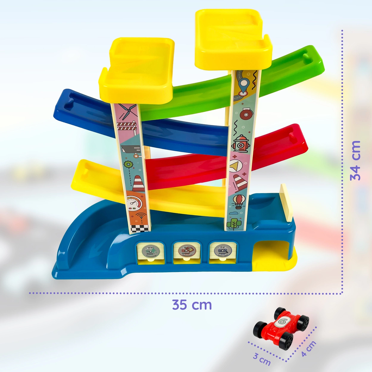 Tor Samochodowy Zjeżdżalnia Montessori 4 Piętra 6 Autek Garaż