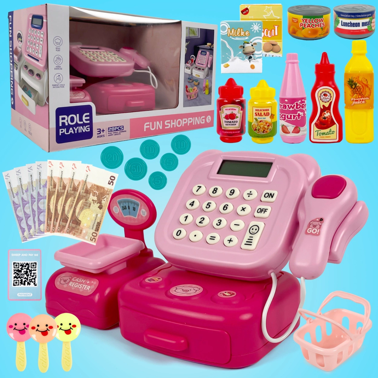 Interaktywna Kasa Fiskalna dla Dzieci Sklepowa Waga Skaner Koszyk Monety