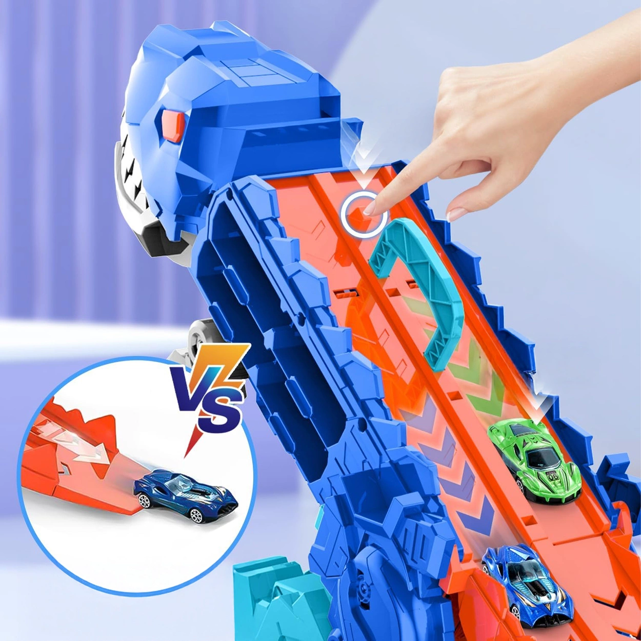 Mega Dinozaur Transporter T-Rex 3w1 Tor Wyścigowy + 2 Resoraki