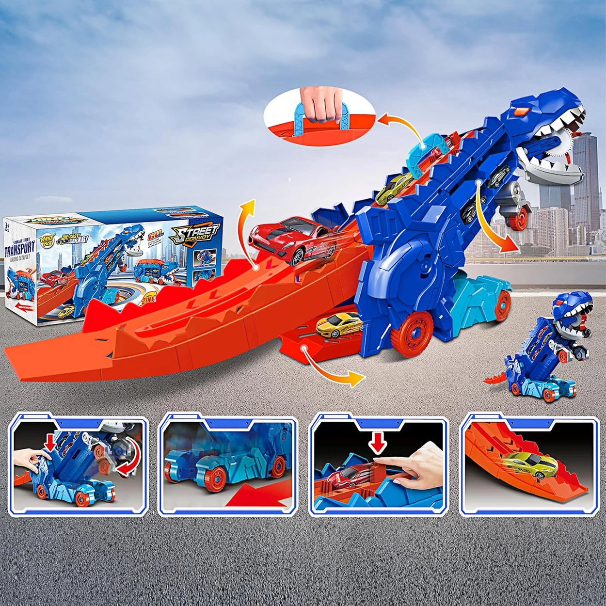 Mega Dinozaur Transporter T-Rex 3w1 Tor Wyścigowy + 2 Resoraki