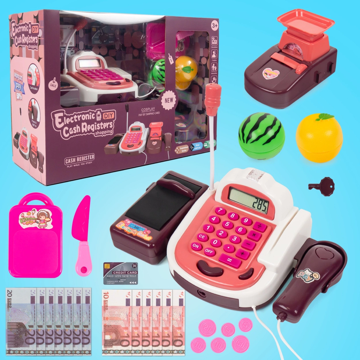 Kasa Fiskalna dla Dzieci z Dźwiękiem Czytnik Kodów Monety Mikrofon Sklepowa