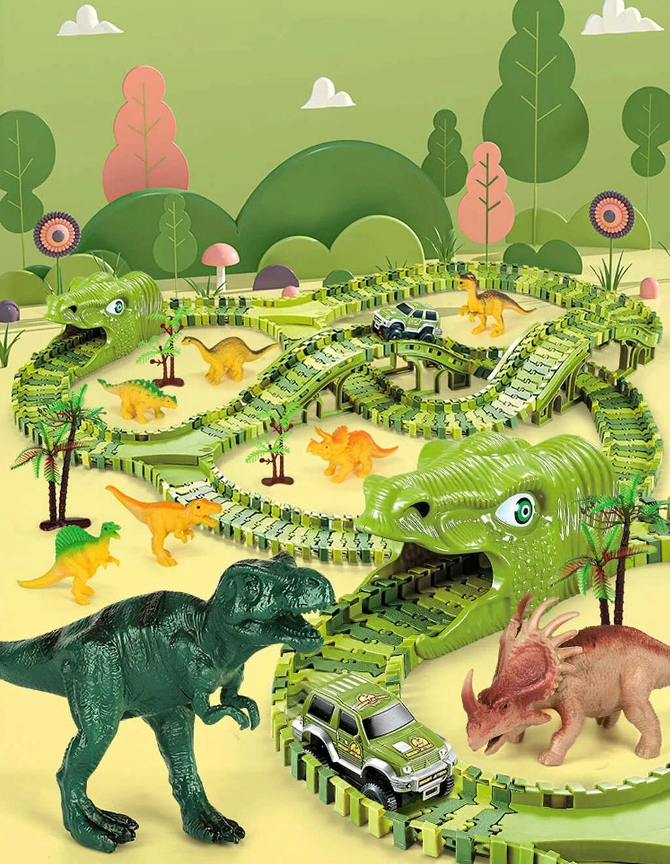 Tor Wyścigowy Mega City Dino Park Zestaw z Autkiem i Tory Dinozaurów T Rex 200 Elementów