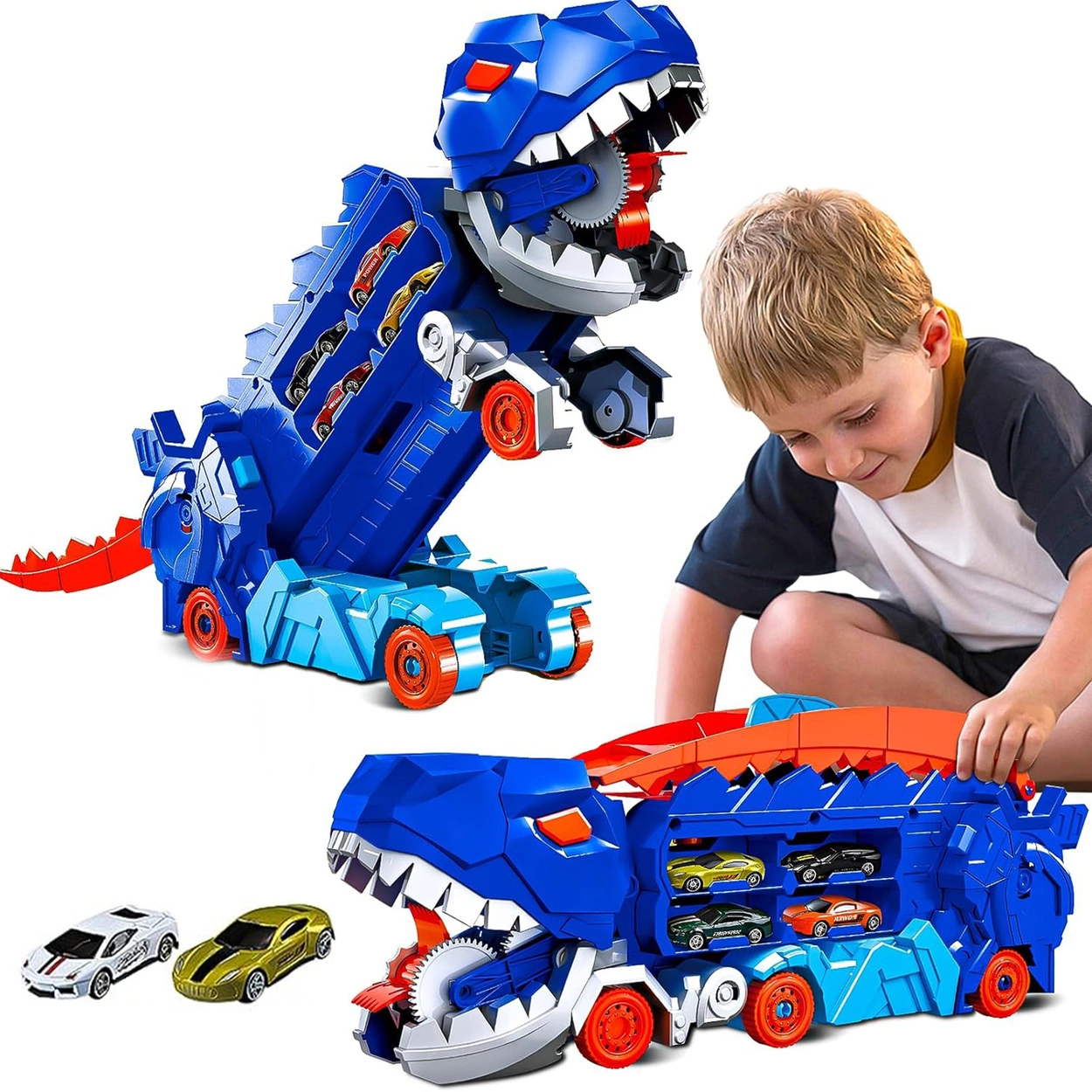 Mega Dinozaur Transporter T-Rex 3w1 Tor Wyścigowy + 2 Resoraki