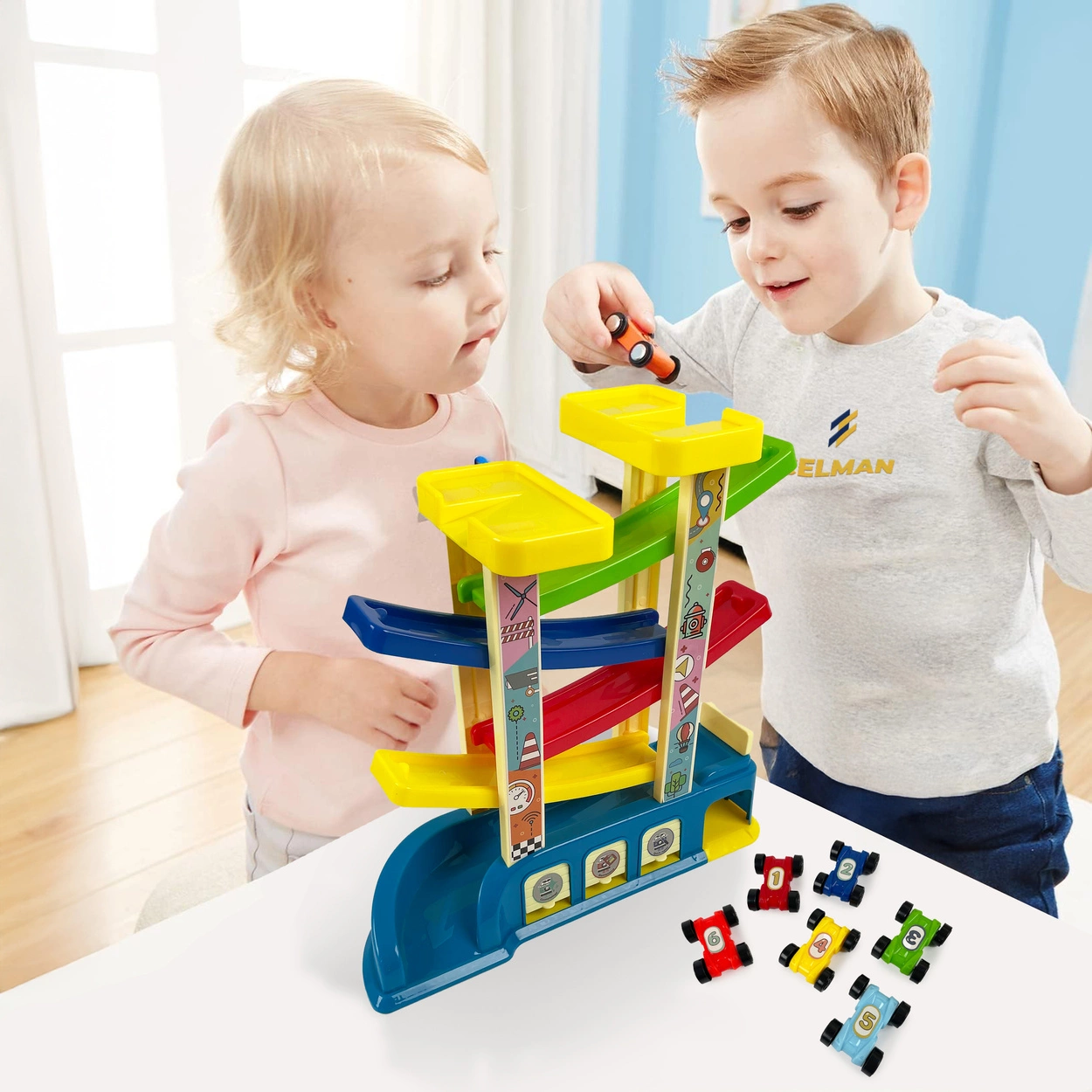 Tor Samochodowy Zjeżdżalnia Montessori 4 Piętra 6 Autek Garaż