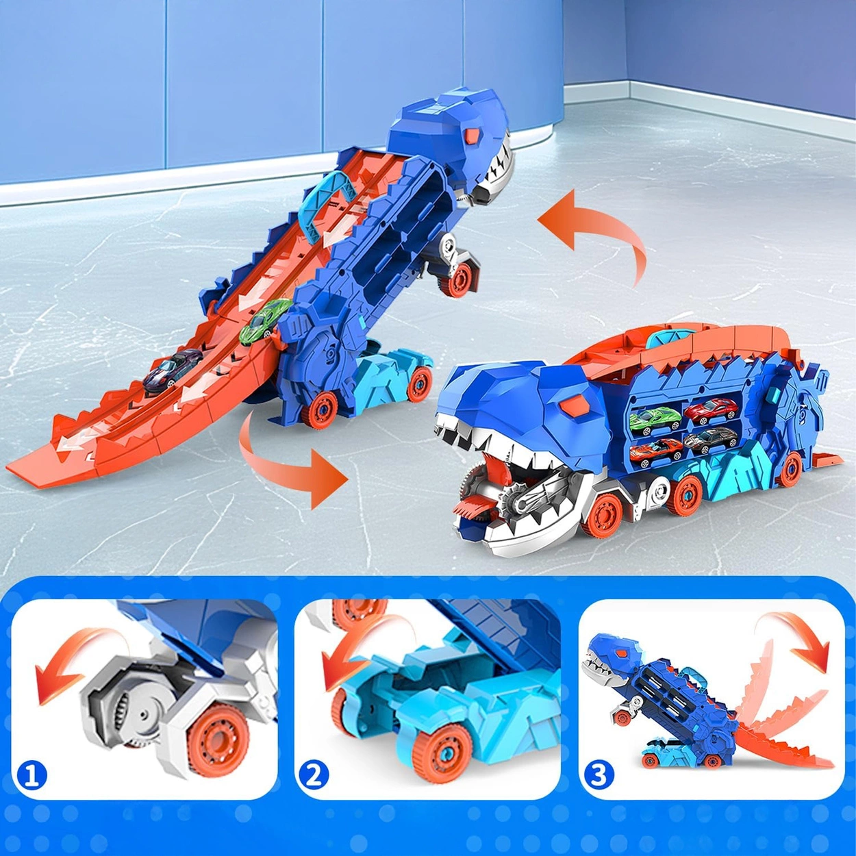 Mega Dinozaur Transporter T-Rex 3w1 Tor Wyścigowy + 2 Resoraki