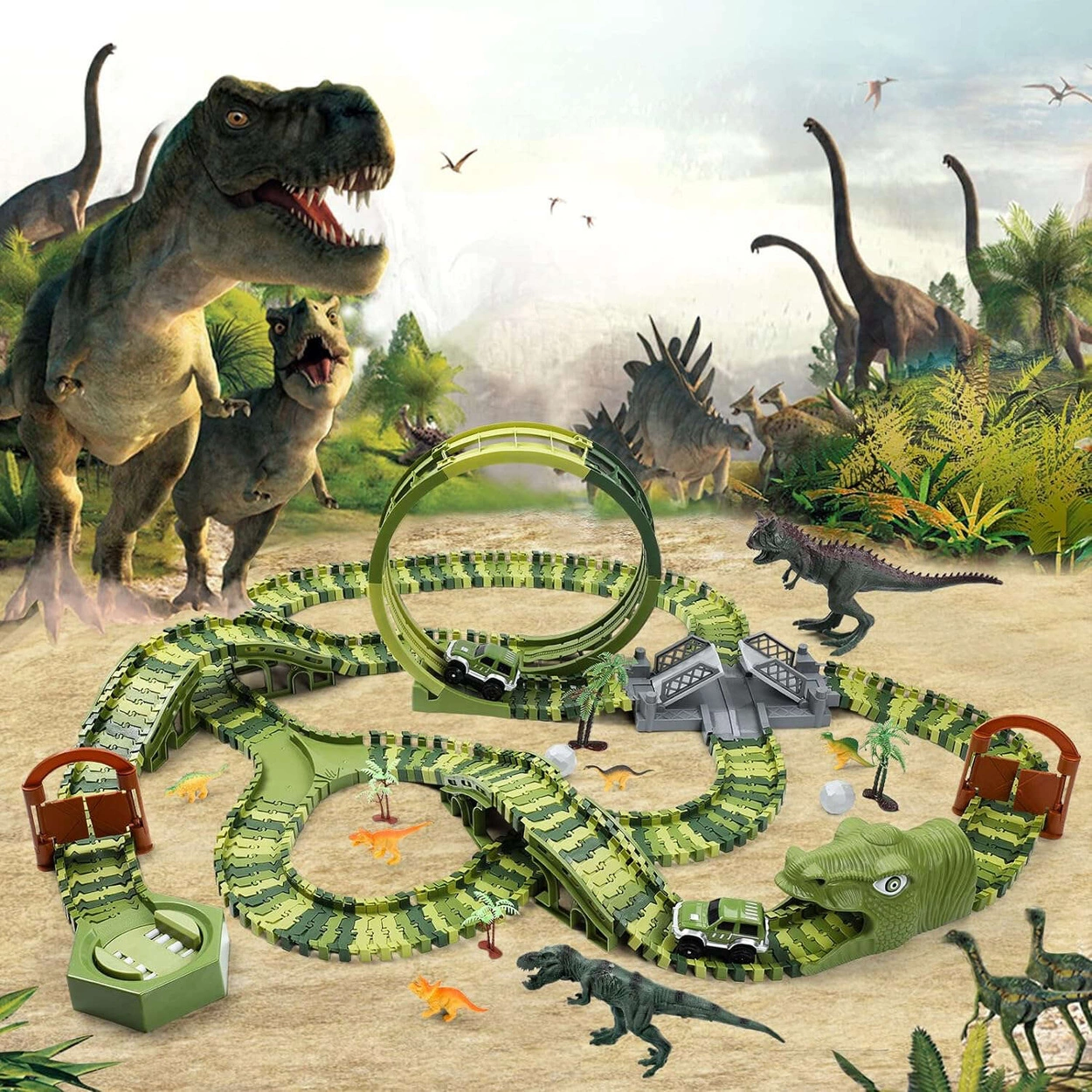 Tor Wyścigowy Mega City Dino Park Zestaw z Autkiem i Tory Dinozaurów T Rex 324 Elementów